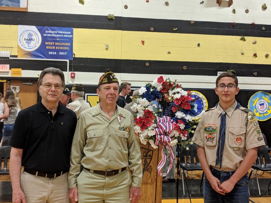 Above left to right: Dr. John Myshkoff, Vietnam War Veteran, US Navy; Mr. Robert Myshkoff, Vietnam War Veteran, US Air Force; and Boy Scout Troop 114 Flag Bearer and Patrol Leader Francesco Petrosillo at the annual War and Remembrance Ceremony held May 20.. Dr. J. Myshkoff was a FT-G2 Fire Control Technician stationed on the USS Chicago, a guided missile cruiser. Mr. R. Myshkoff was an E4 Sargeant with the 432nd Field Maintenance Squad stationed in Thailand, working as an airplane mechanic.  R. Myshkoff is grandfather to Francesco Petrosillo, while J. Myshkoff is Petrosillo’s Great Uncle. Photo Courtesy: Mrs. Nicole Petrosillo