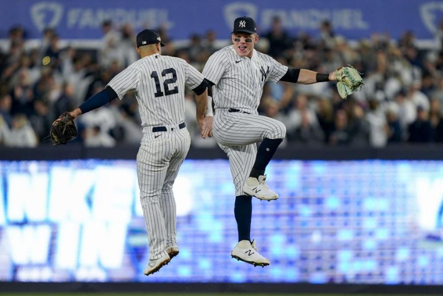 Yankees+shortstop+Isiah+Kiner-Falefa+celebrates+with+Harrison+Bader+after+defeating+the+Cleveland+Guardians+4-1