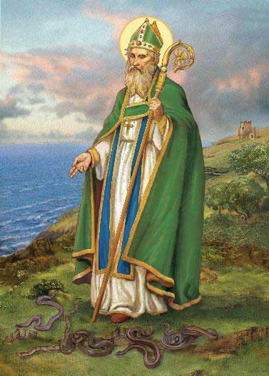 The picture above displays Saint Patrick  performing the common myth of driving the snakes out of Ireland.