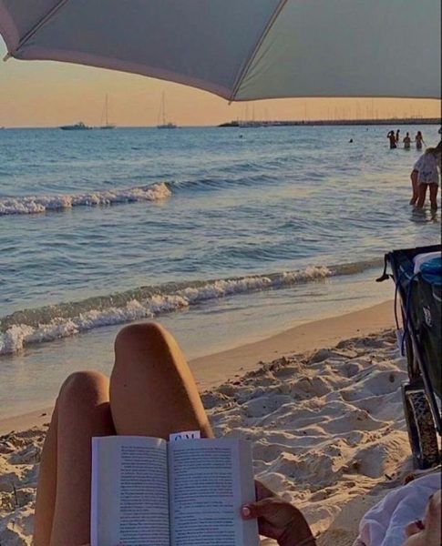 Someone relaxing on the beach enjoying a good book with an even better view.